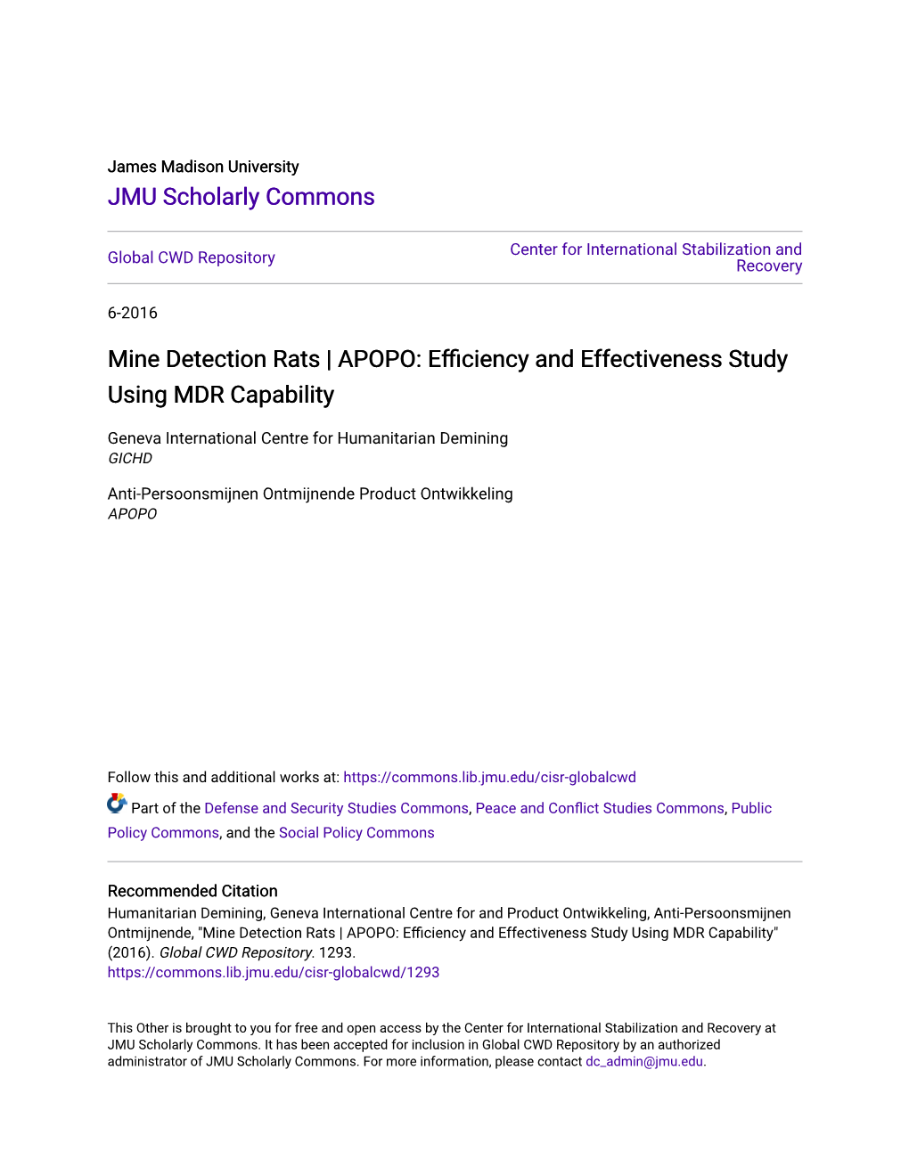 Mine Detection Rats | APOPO: Efficiency Andff E Ectiveness Study Using MDR Capability