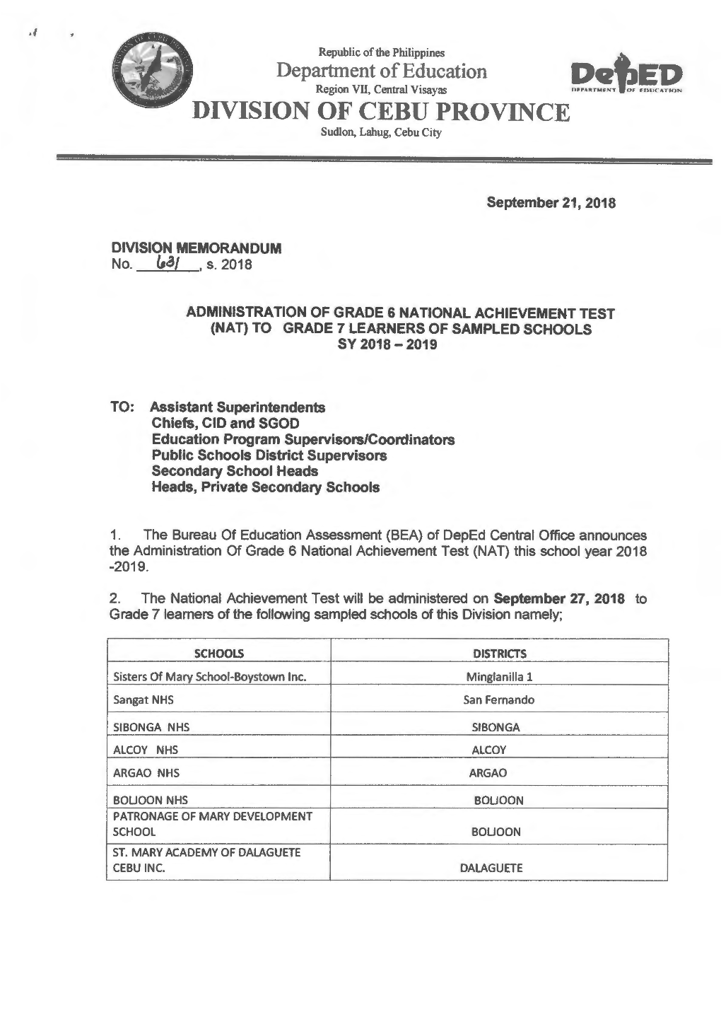 DIVISION of CEBU PROVINCE Sudlon, Lahug, Cebu City