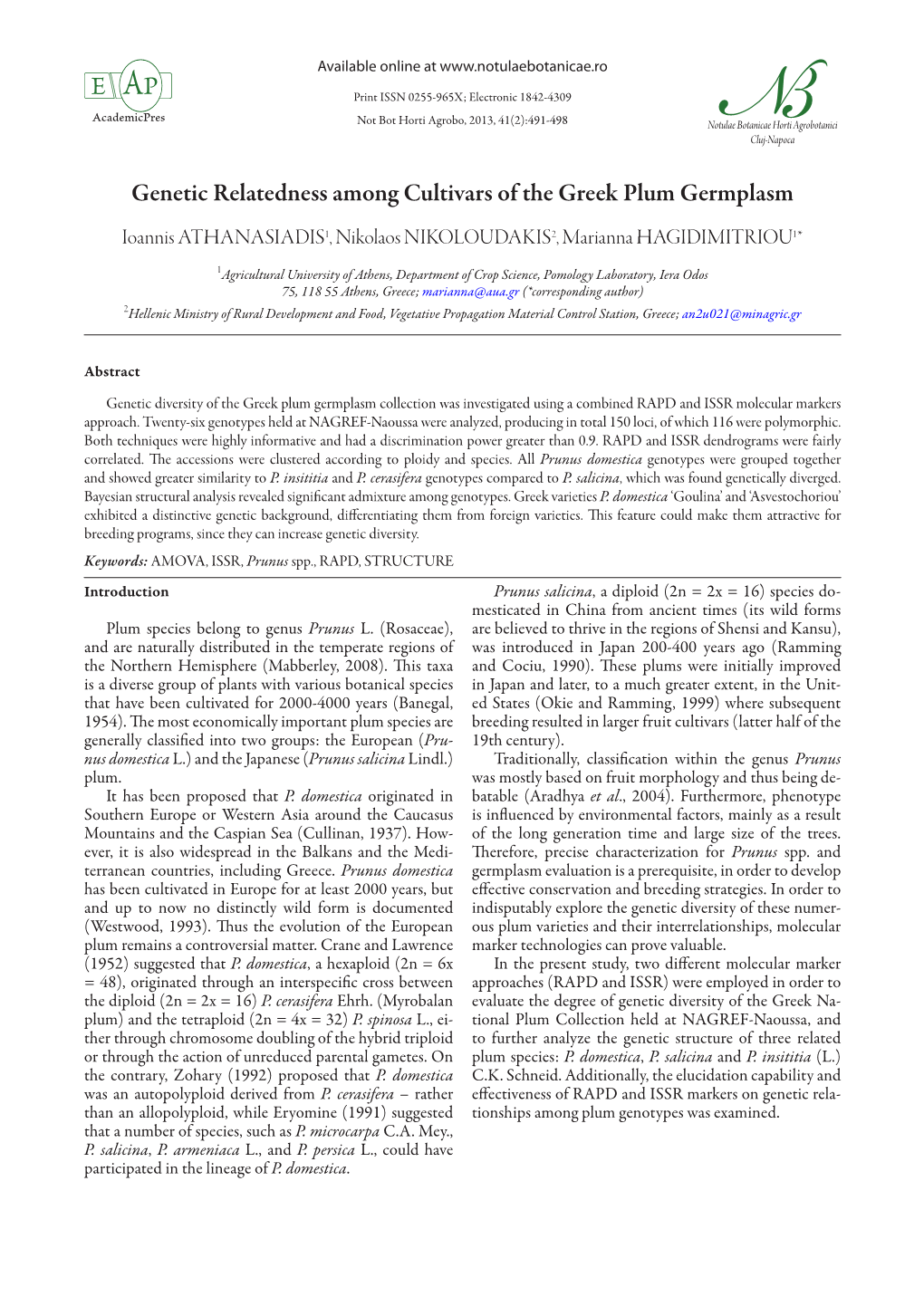 Genetic Relatedness Among Cultivars of the Greek Plum Germplasm