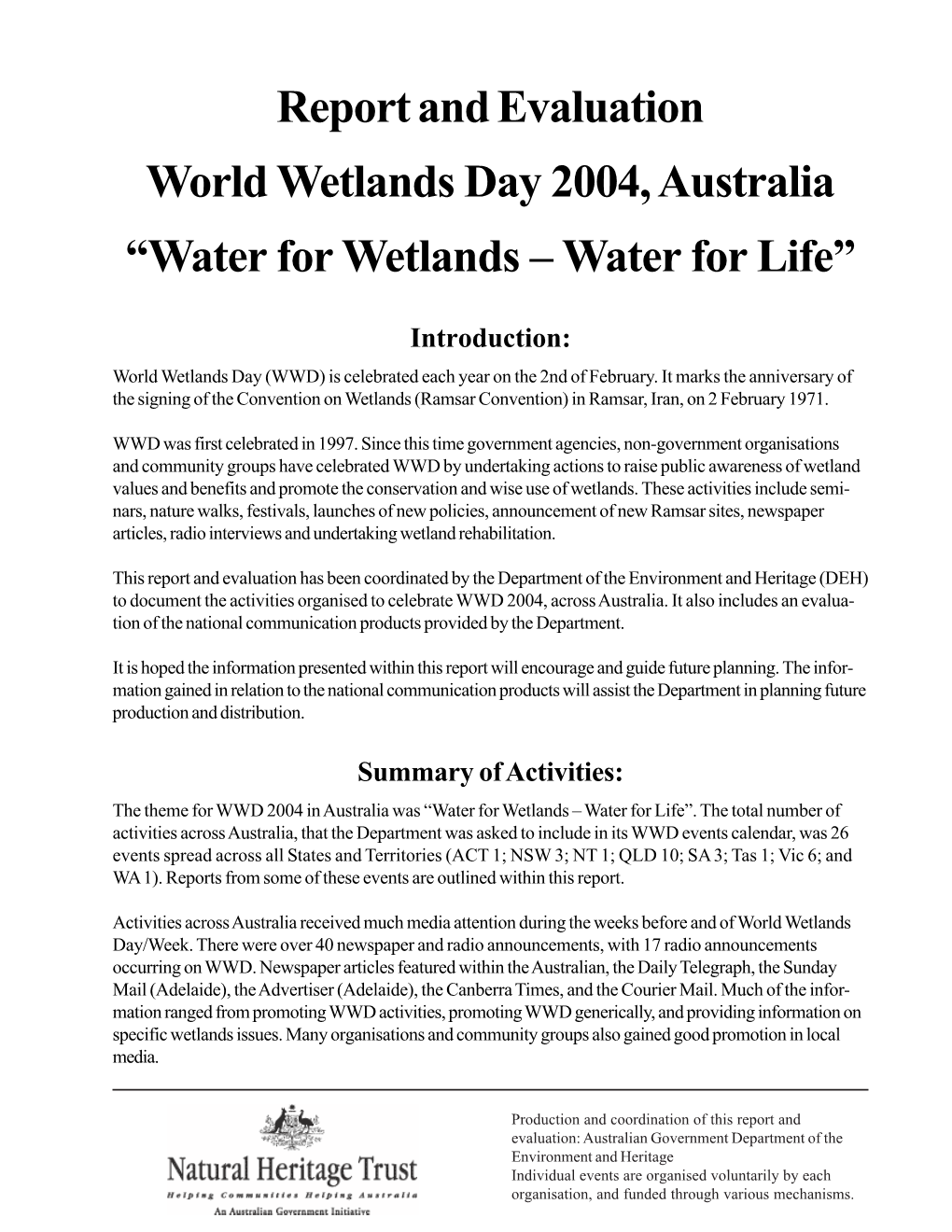 Report and Evaluation — World Wetlands Day 2004, Australia (PDF