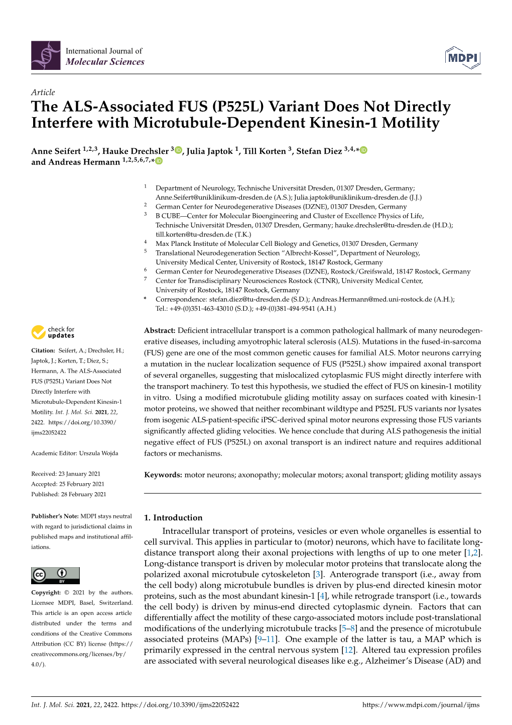 The ALS-Associated FUS (P525L) Variant Does Not Directly Interfere with Microtubule-Dependent Kinesin-1 Motility