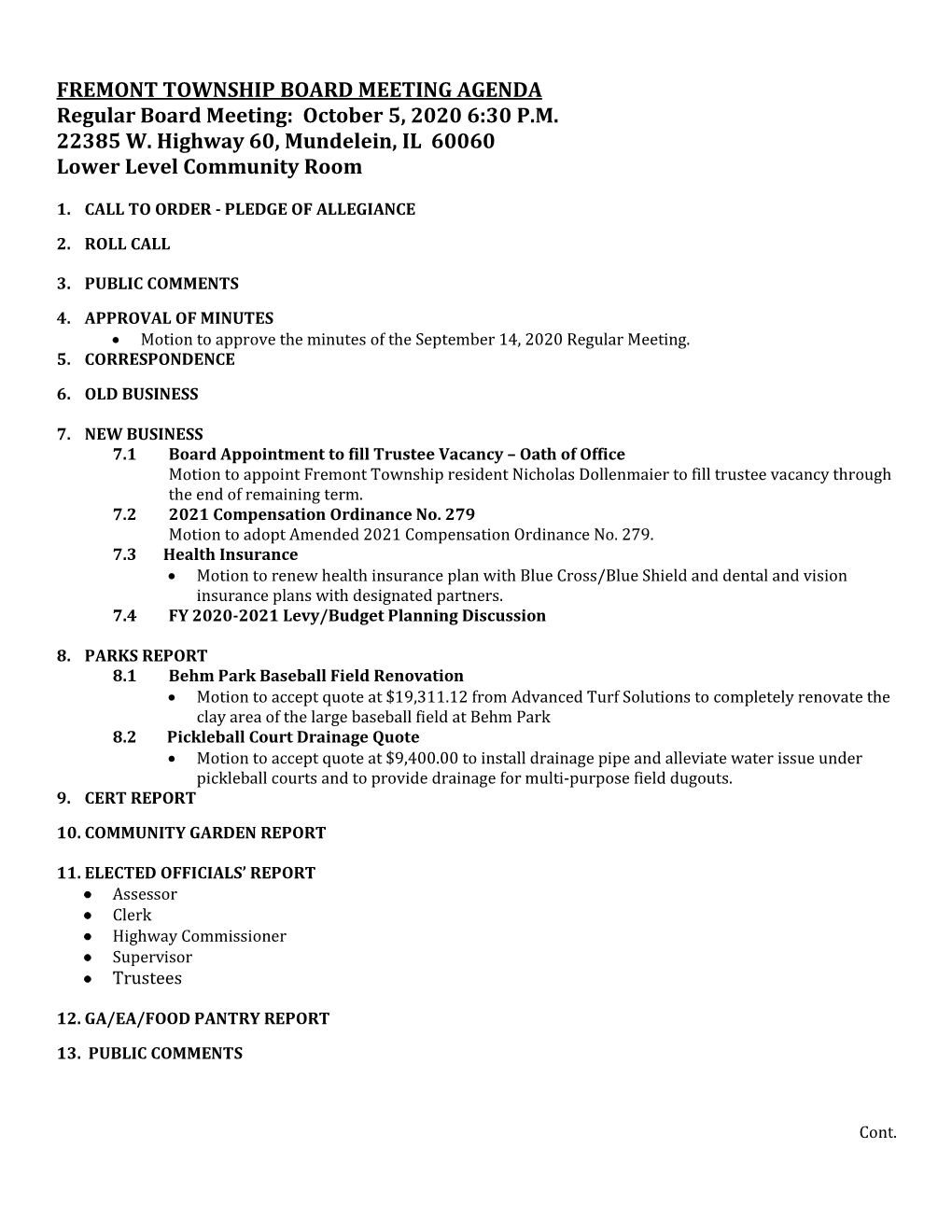 October 5 2020 Regular Meeting Agenda