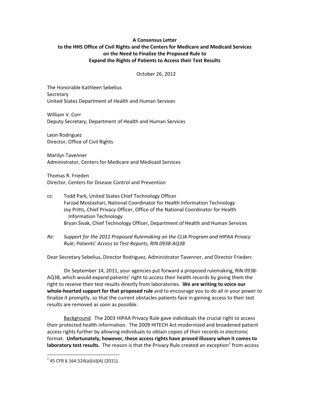 A Consensus Letter to the HHS Office of Civil Rights and the Centers For
