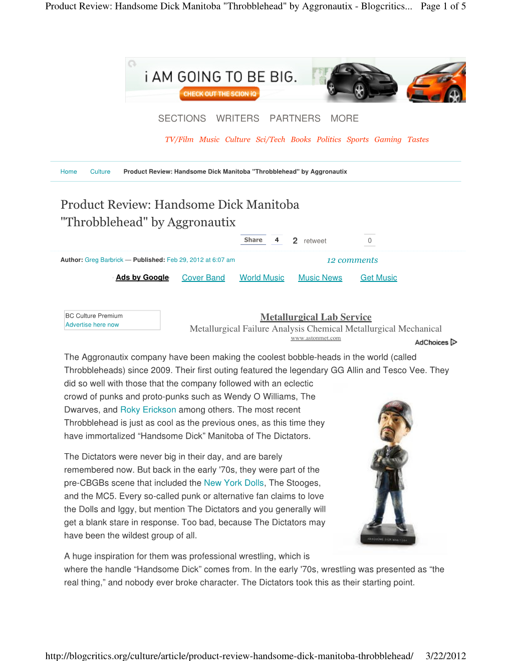 Product Review: Handsome Dick Manitoba "Throbblehead" by Aggronautix - Blogcritics