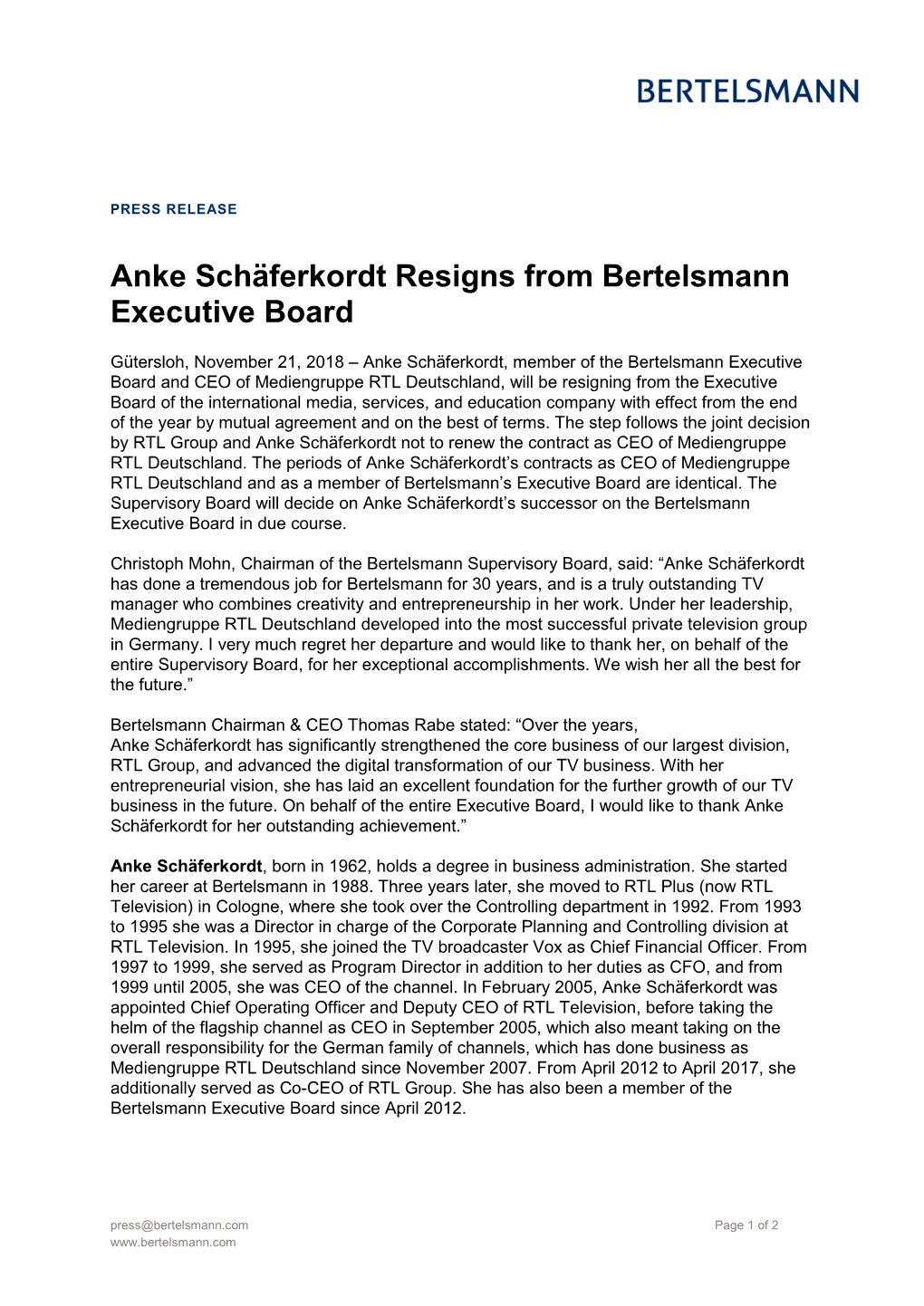 Anke Schäferkordt Resigns from Bertelsmann Executive Board