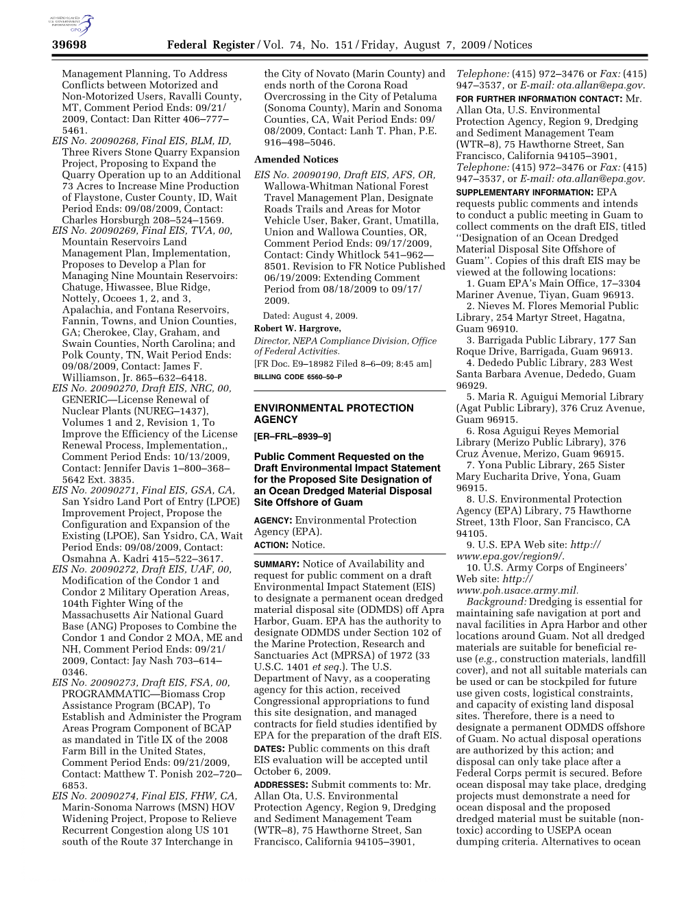 Federal Register/Vol. 74, No. 151/Friday, August 7, 2009/Notices