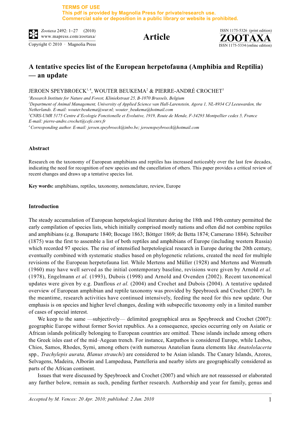 Zootaxa, a Tentative Species List of the European Herpetofauna (Amphibia and Reptilia)