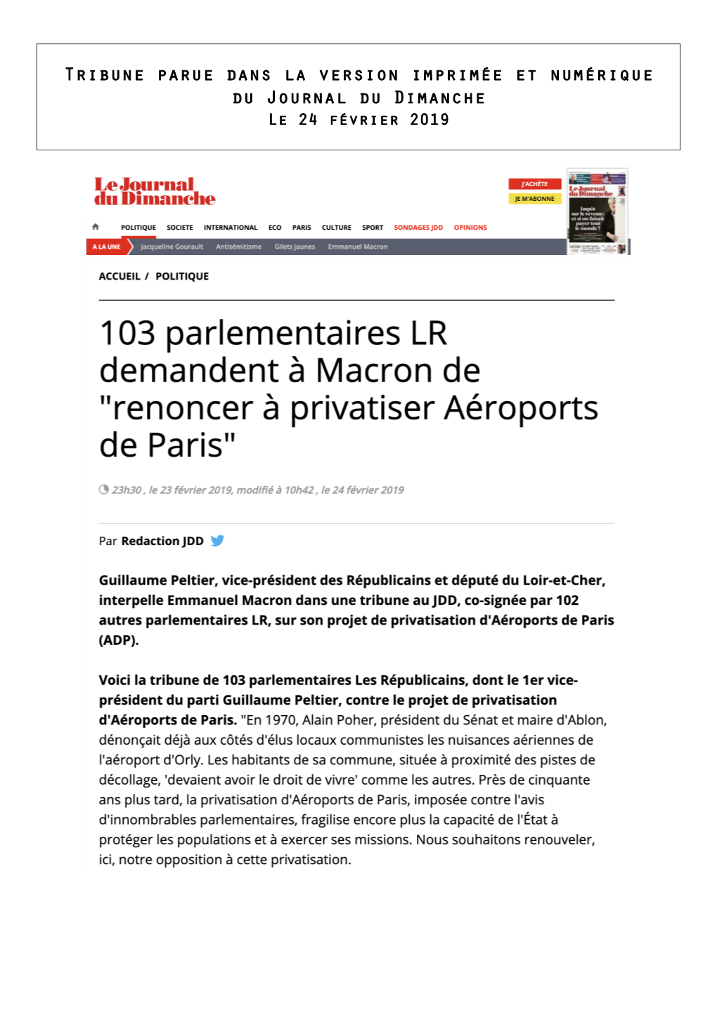 Tribune Parue Dans La Version Imprimée Et Numérique Du Journal Du Dimanche Le 24 Février 2019