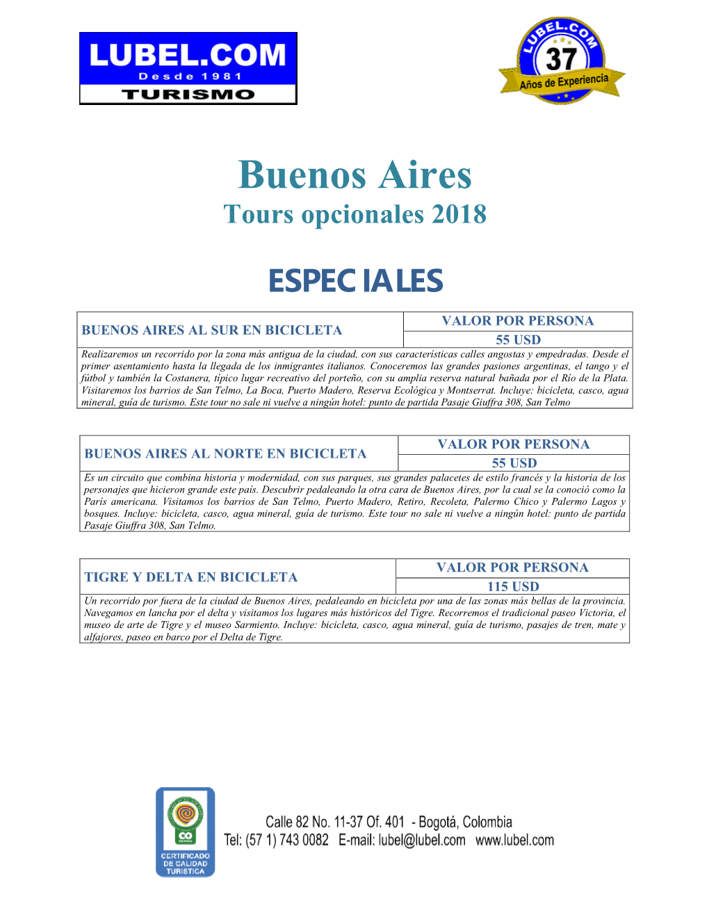 Buenos Aires Tours Opcionales 2018