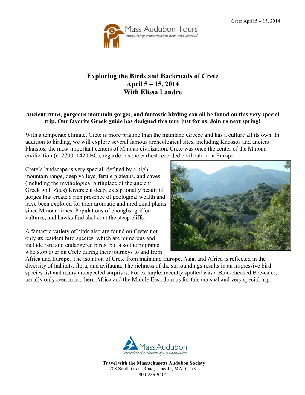 Exploring the Birds and Backroads of Crete April 5 – 15, 2014 with Elissa Landre