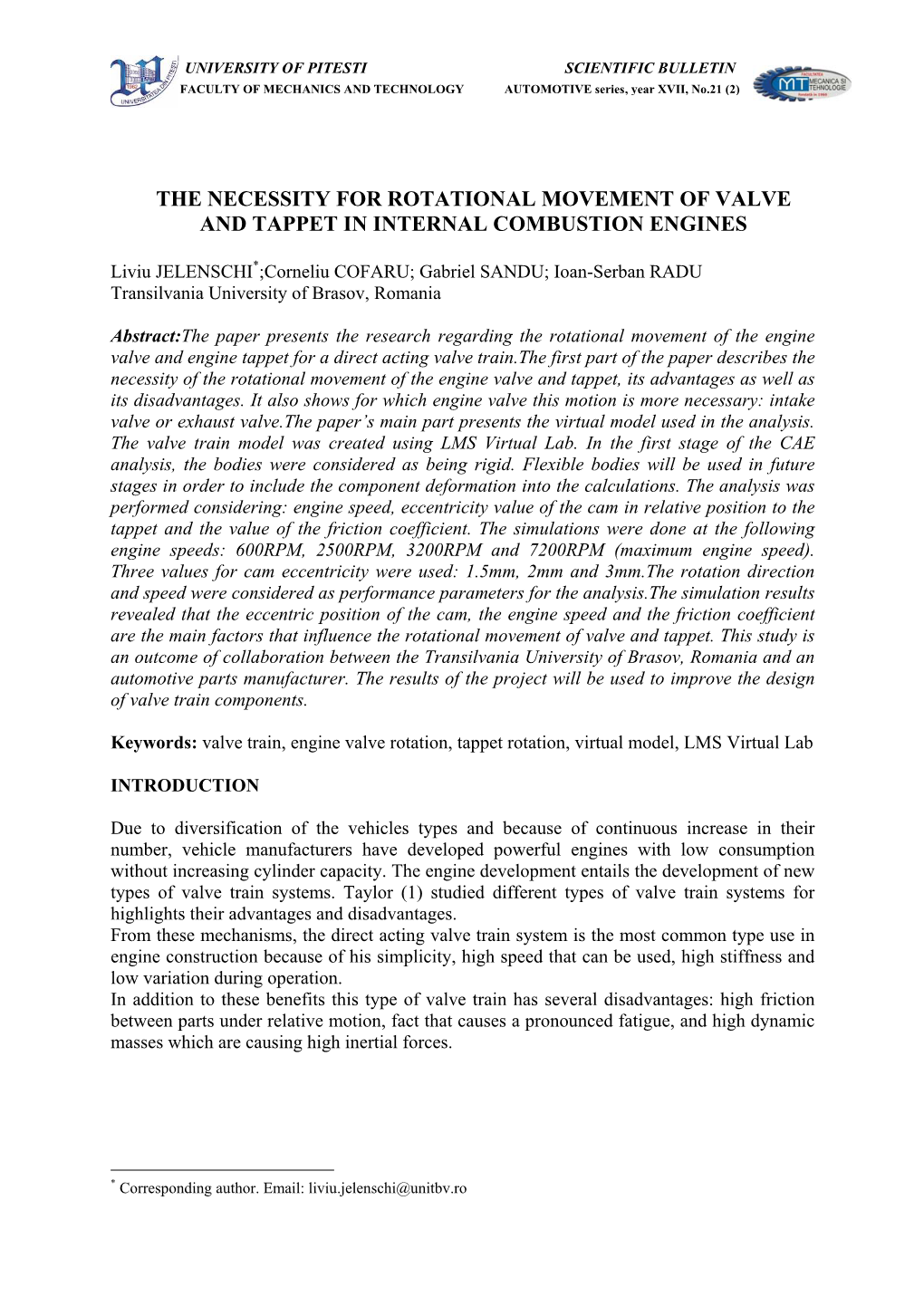 The Necessity for Rotational Movement of Valve and Tappet in Internal Combustion Engines