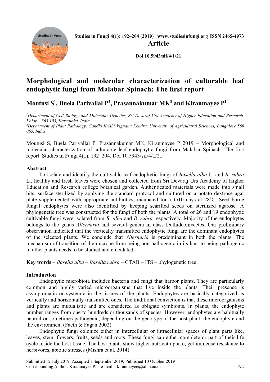 Morphological and Molecular Characterization of Culturable Leaf Endophytic Fungi from Malabar Spinach: the First Report