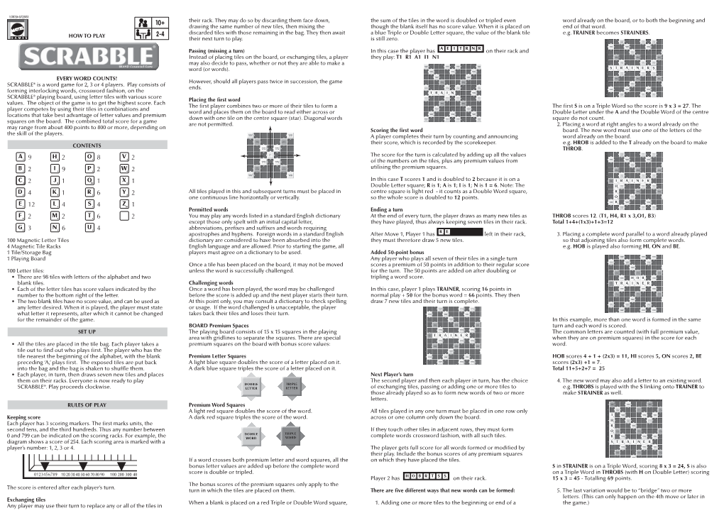 SCRABBLE® Is a Word Game for 2, 3 Or 4 Players. Play Consists of Forming Interlocking Words, Cr