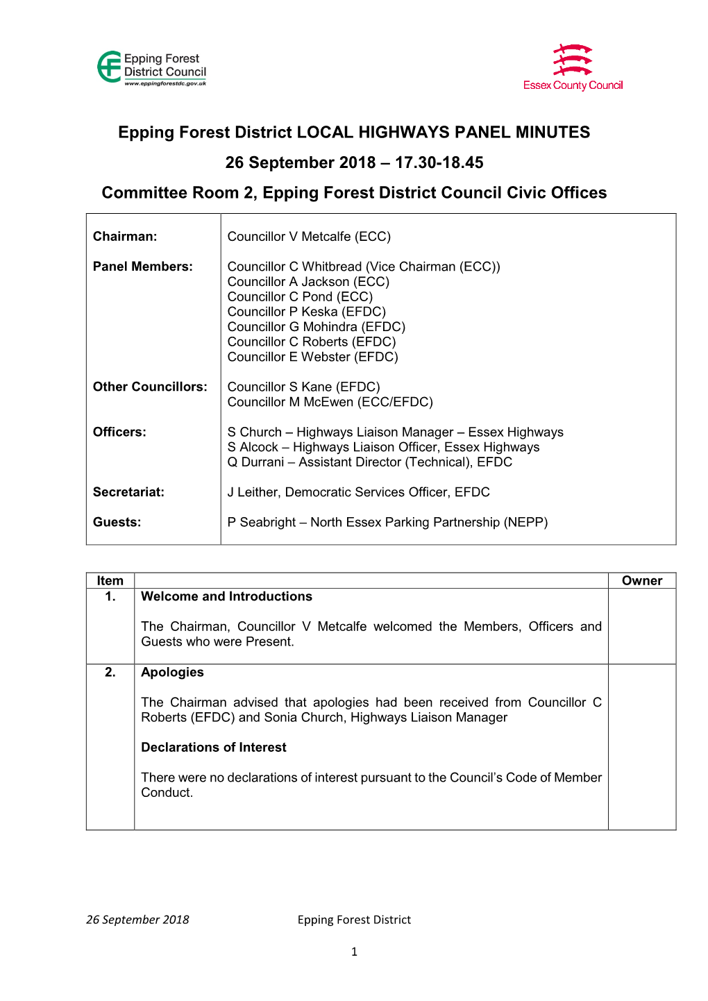 Epping Forest District LOCAL HIGHWAYS PANEL MINUTES 26 September 2018 – 17.30-18.45 Committee Room 2, Epping Forest District Council Civic Offices