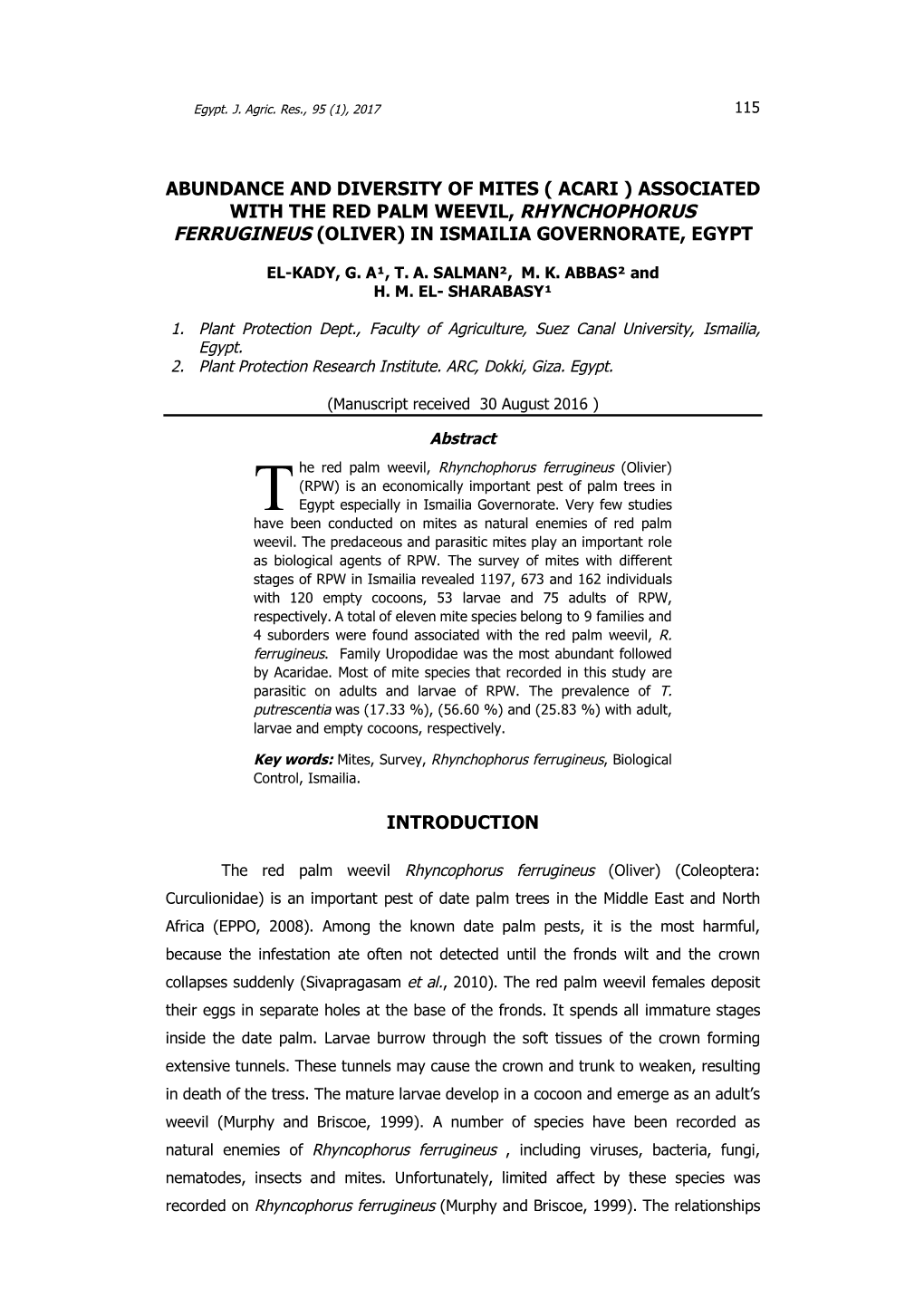 Associated with the Red Palm Weevil, Rhynchophorus Ferrugineus (Oliver) in Ismailia Governorate, Egypt