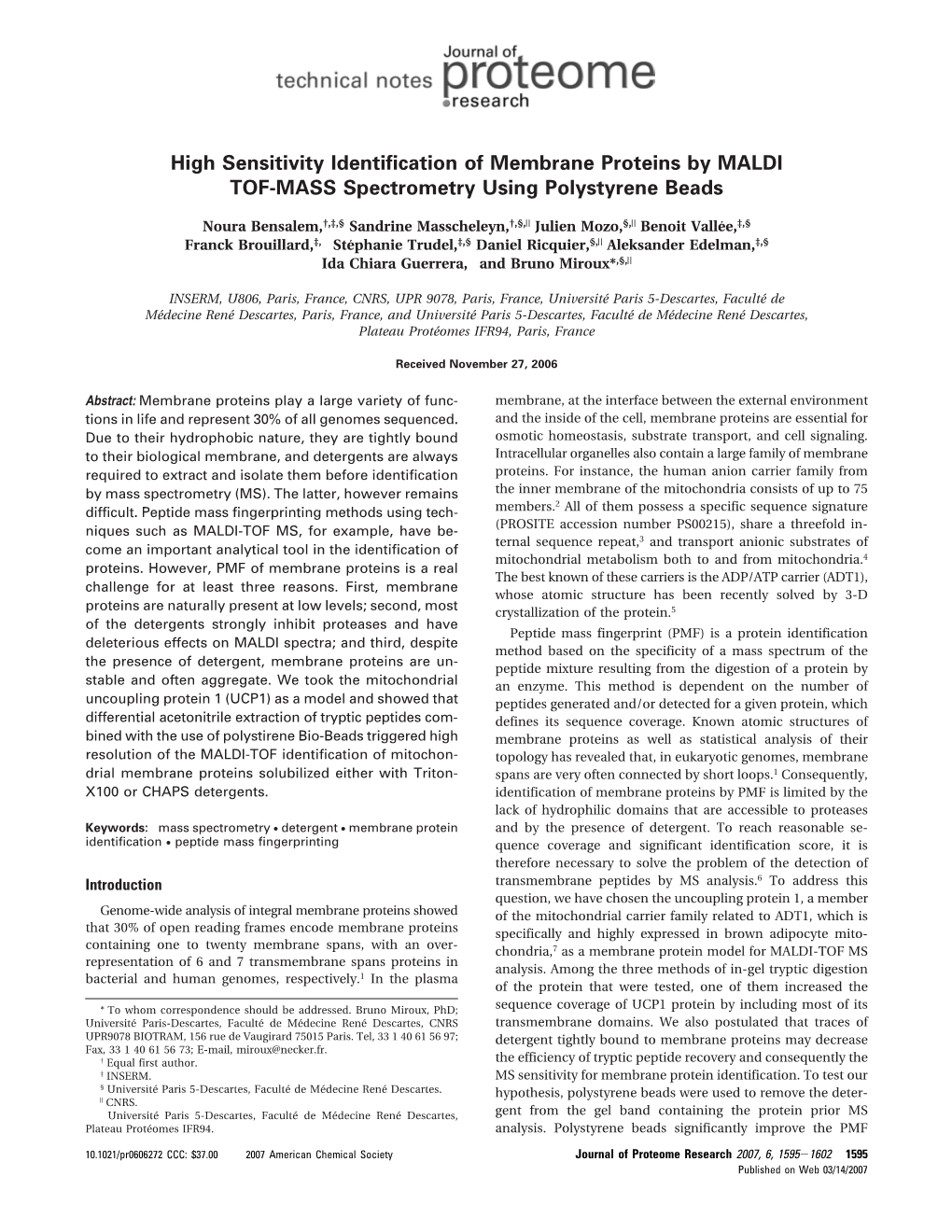 High Sensitivity Identification of Membrane Proteins by MALDI TOF-MASS Spectrometry Using Polystyrene Beads