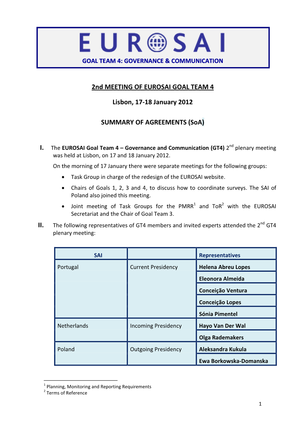 Summary of Agreements 2Nd Plenary Meeting of Goal Team 4