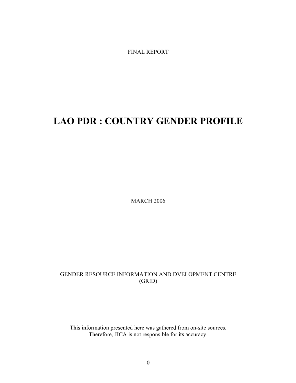 Lao Pdr : Country Gender Profile