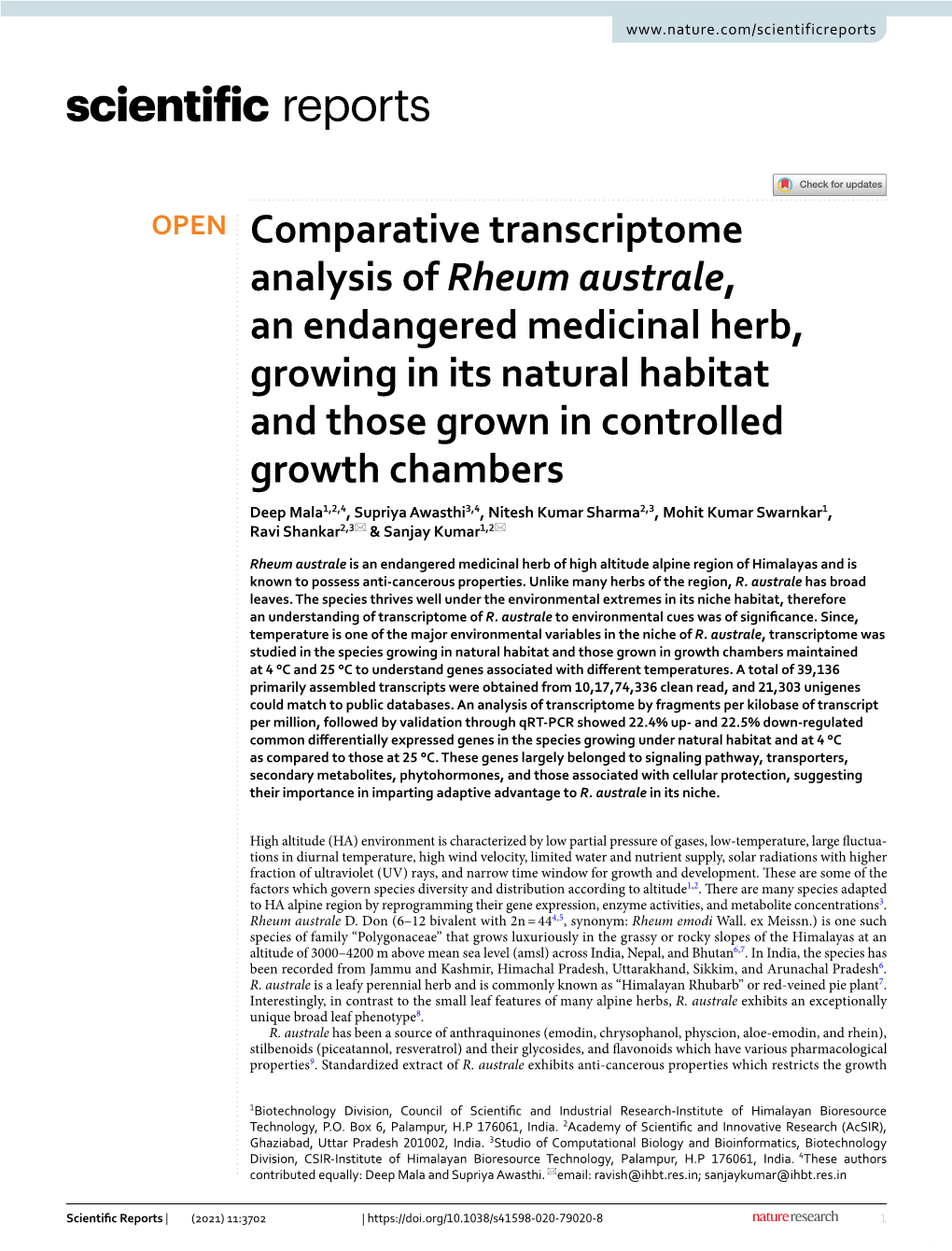 Comparative Transcriptome Analysis of Rheum Australe, an Endangered