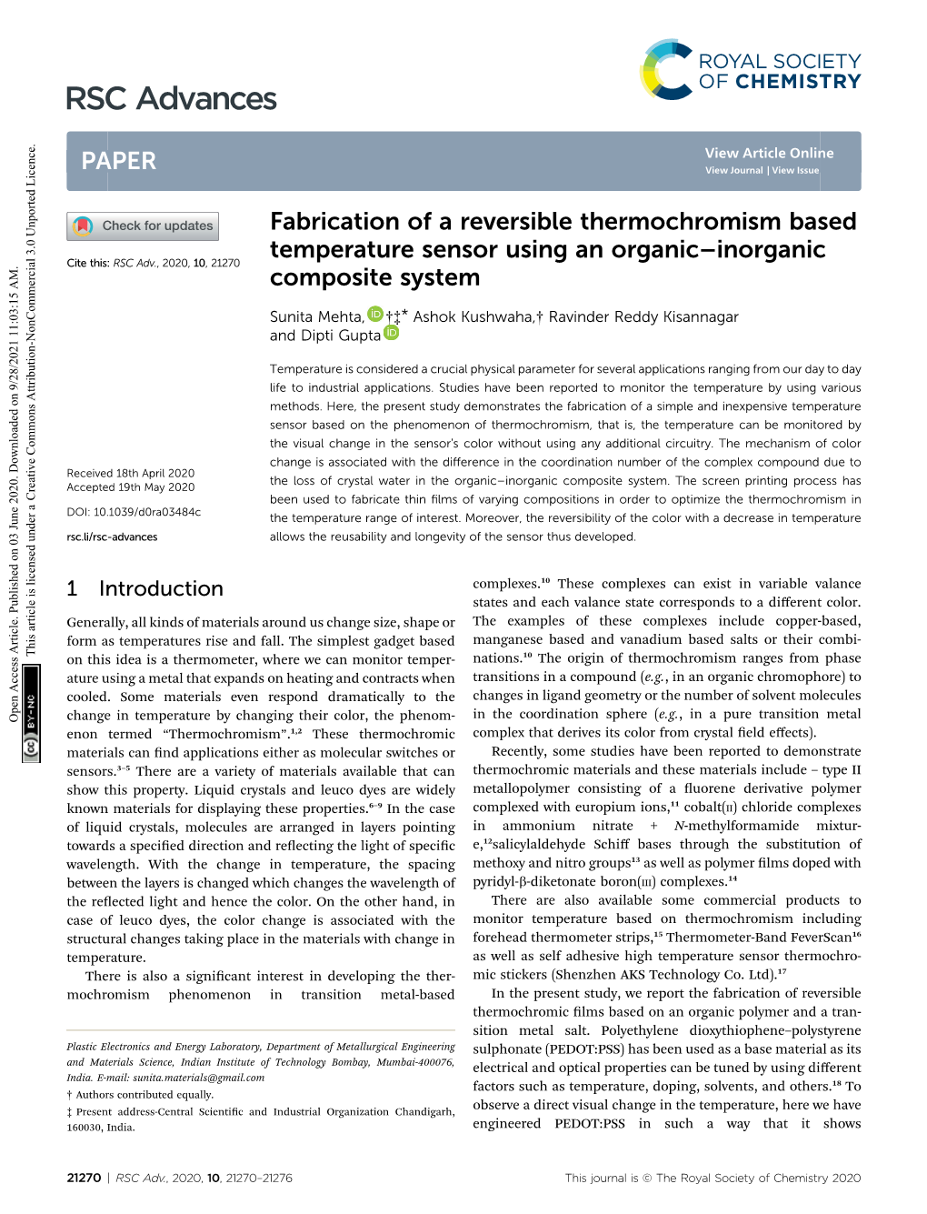 Fabrication of a Reversible Thermochromism Based Temperature Sensor Using an Organic–Inorganic Cite This: RSC Adv., 2020, 10,21270 Composite System