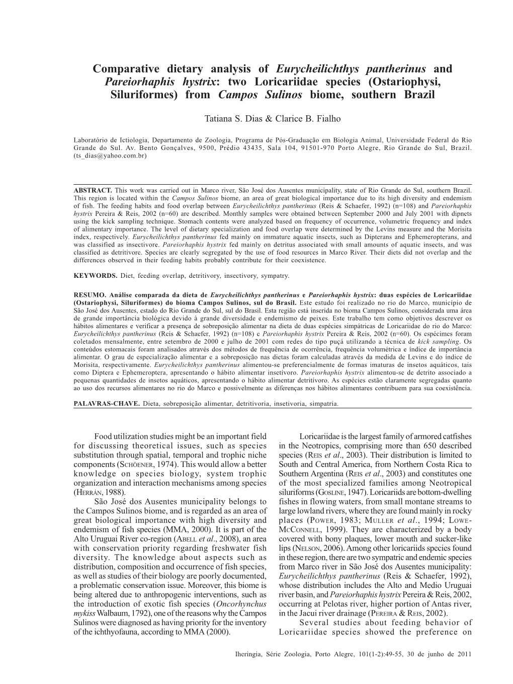 Comparative Dietary Analysis of Eurycheilichthys Pantherinus And