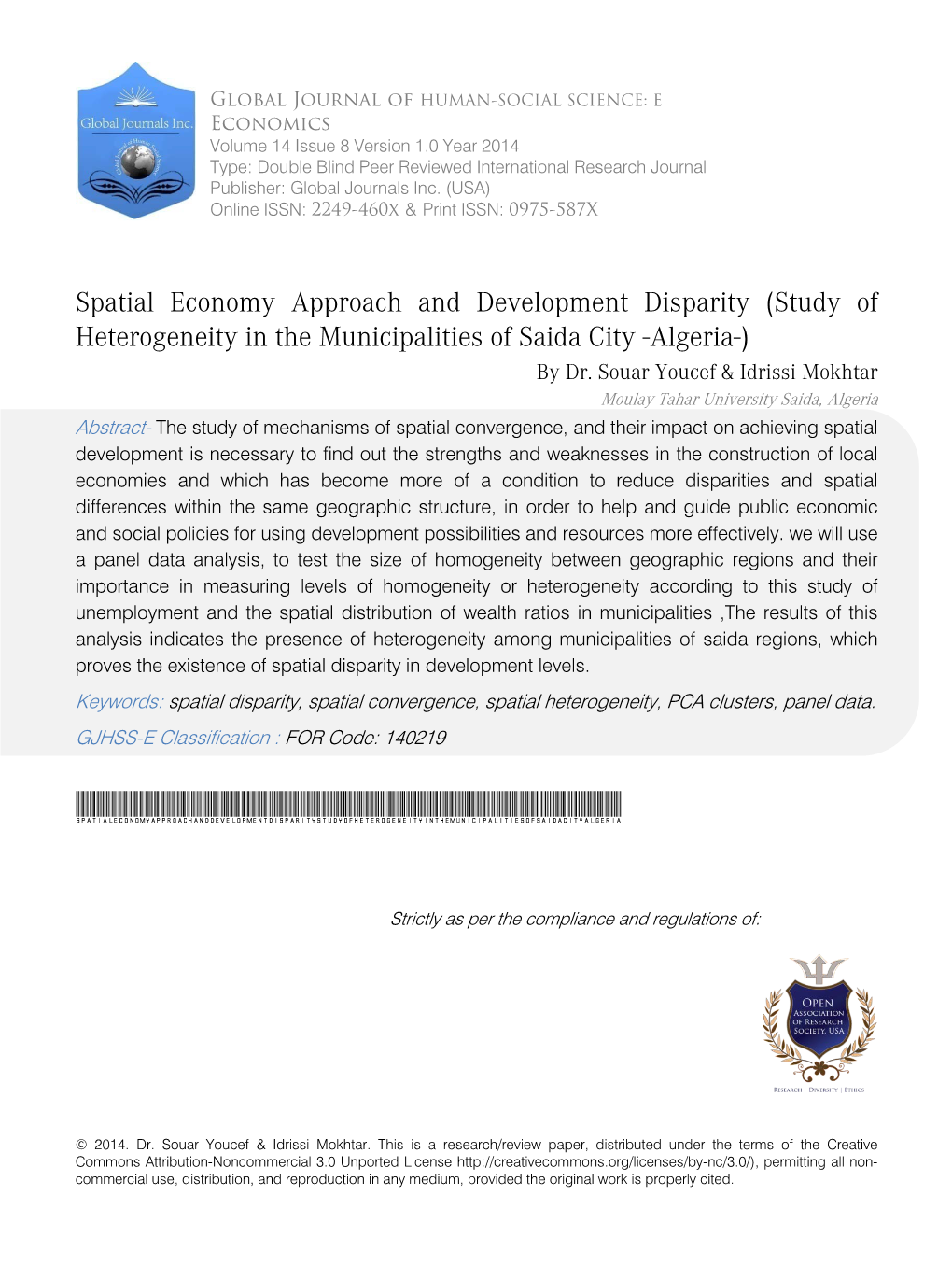 Spatial Economy Approach and Development Disparity (Study of Heterogeneity in the Municipalities of Saida City -Algeria-) by Dr