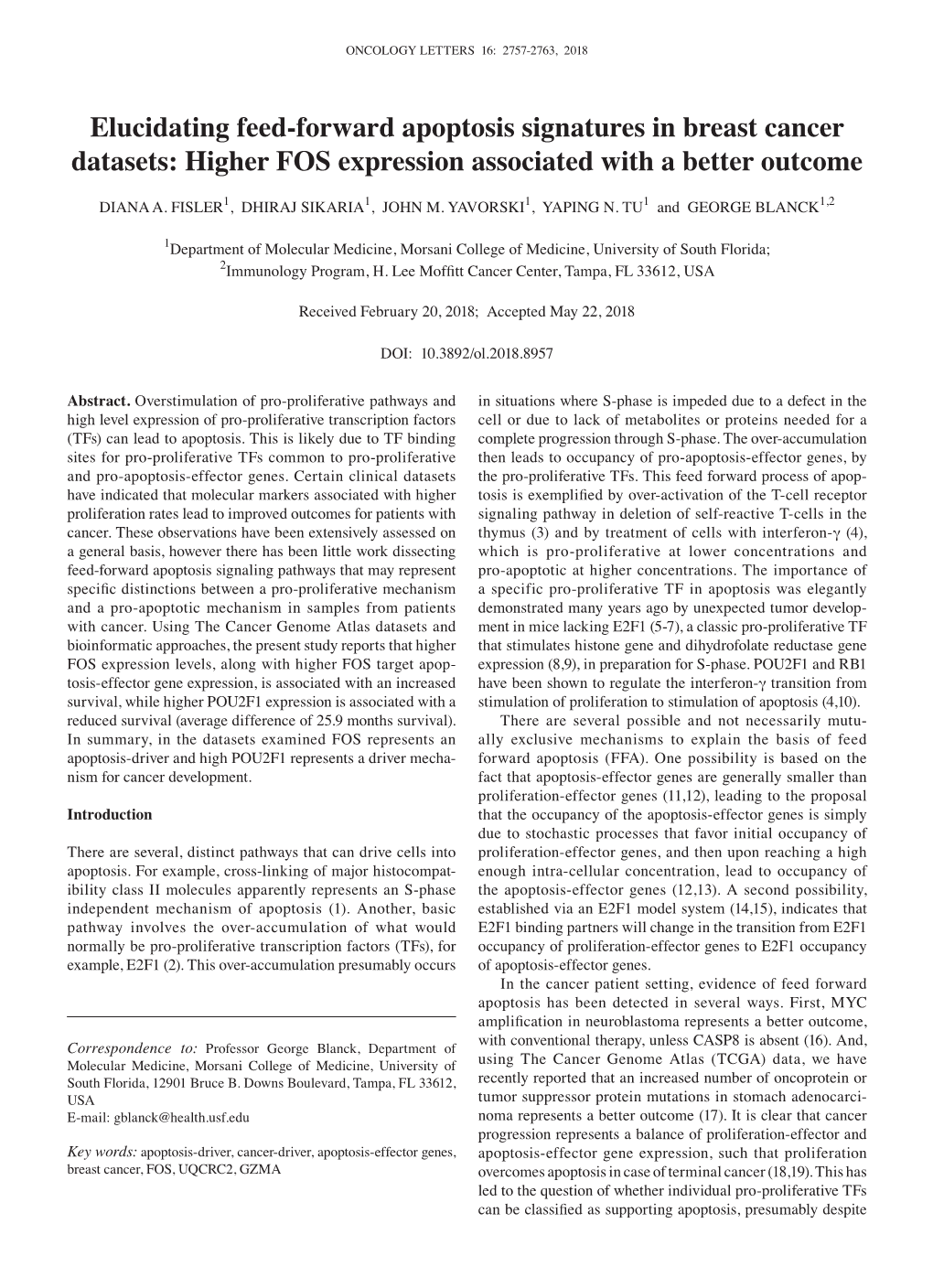 Higher FOS Expression Associated with a Better Outcome