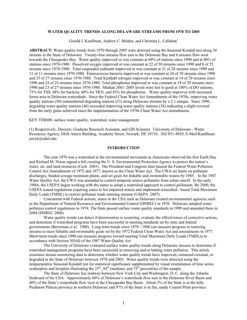 Water Quality Trends Along Delaware Streams from 1970 to 2005