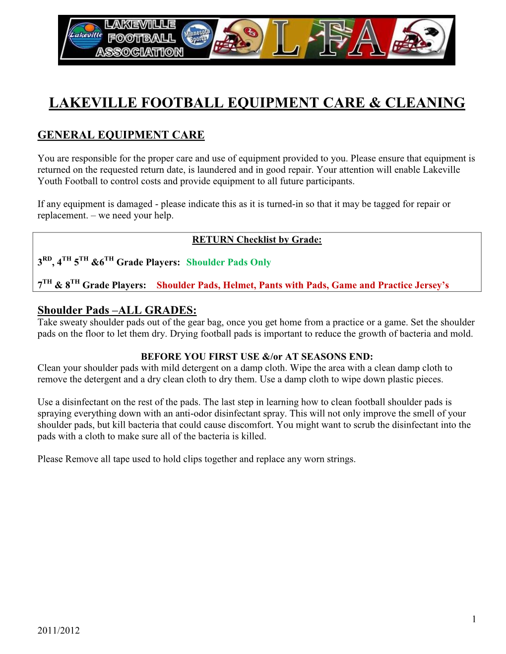 Lakeville Football Equipment Care, Cleaning & Before
