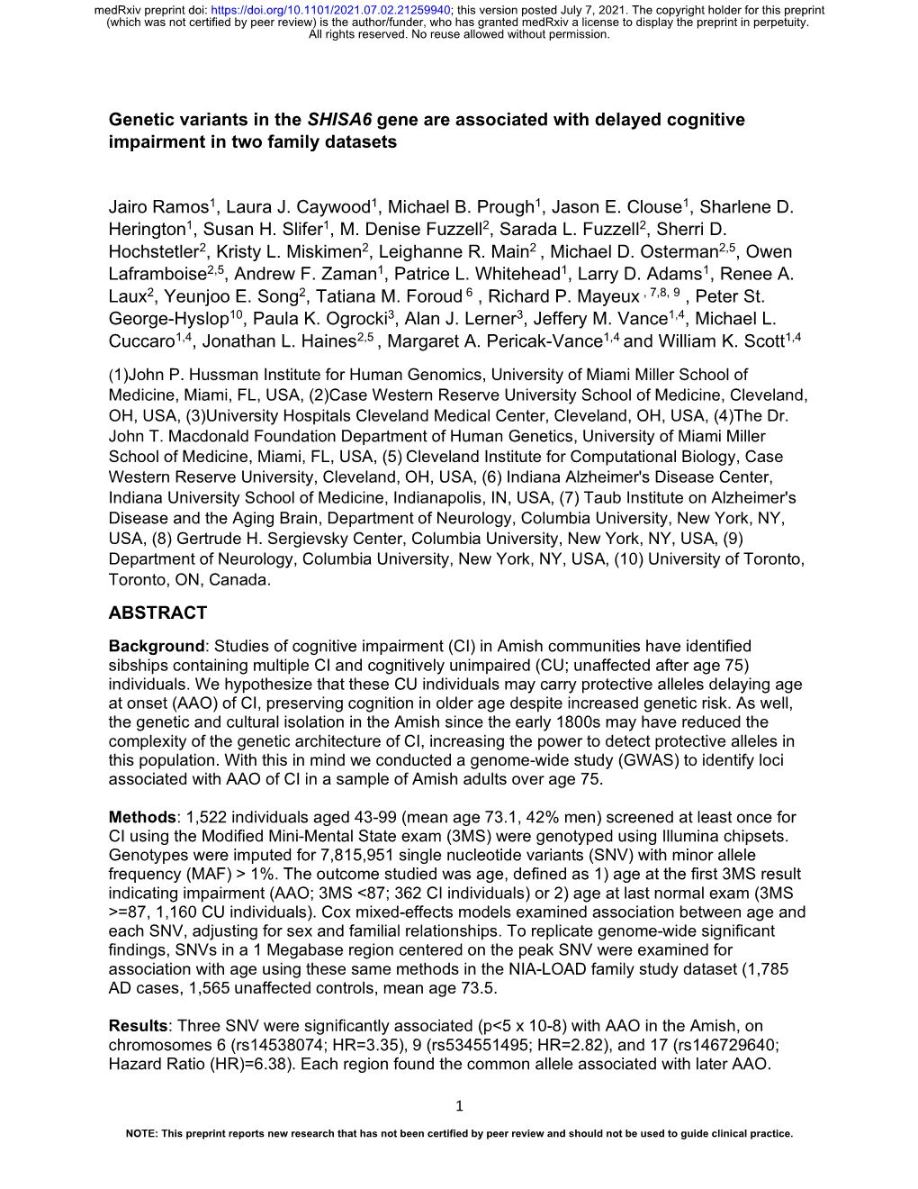 Genetic Variants in the SHISA6 Gene Are Associated with Delayed Cognitive Impairment in Two Family Datasets