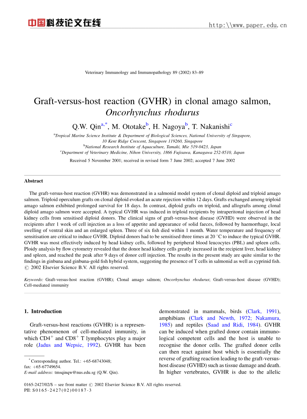 Graft-Versus-Host Reaction (GVHR) in Clonal Amago Salmon, Oncorhynchus Rhodurus Q.W