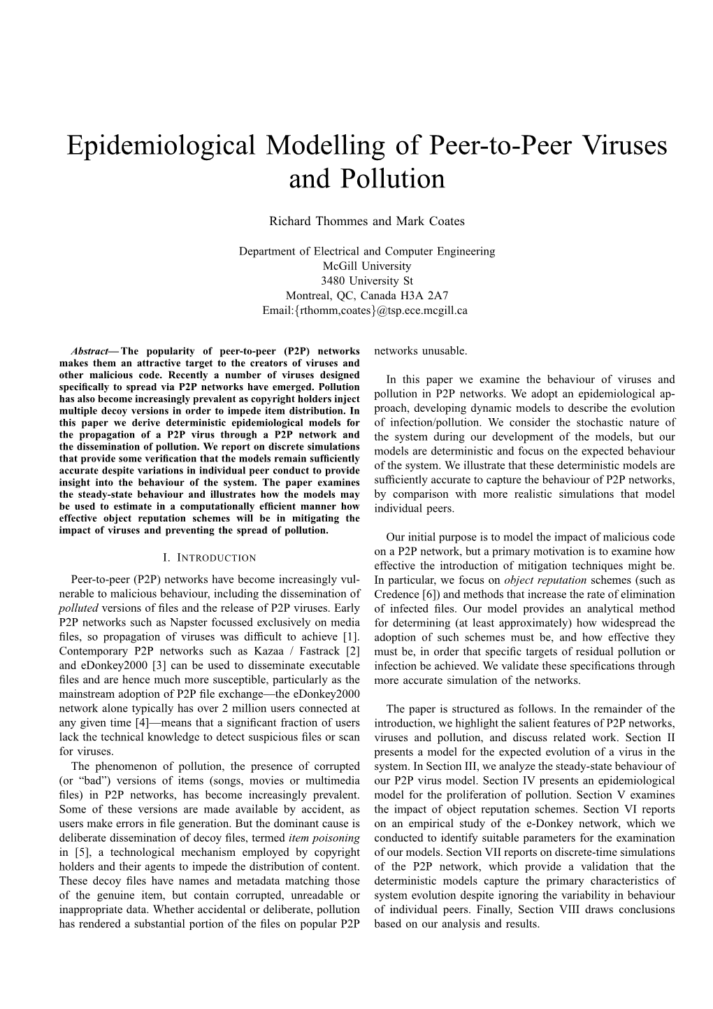 Epidemiological Modelling of Peer-To-Peer Viruses and Pollution