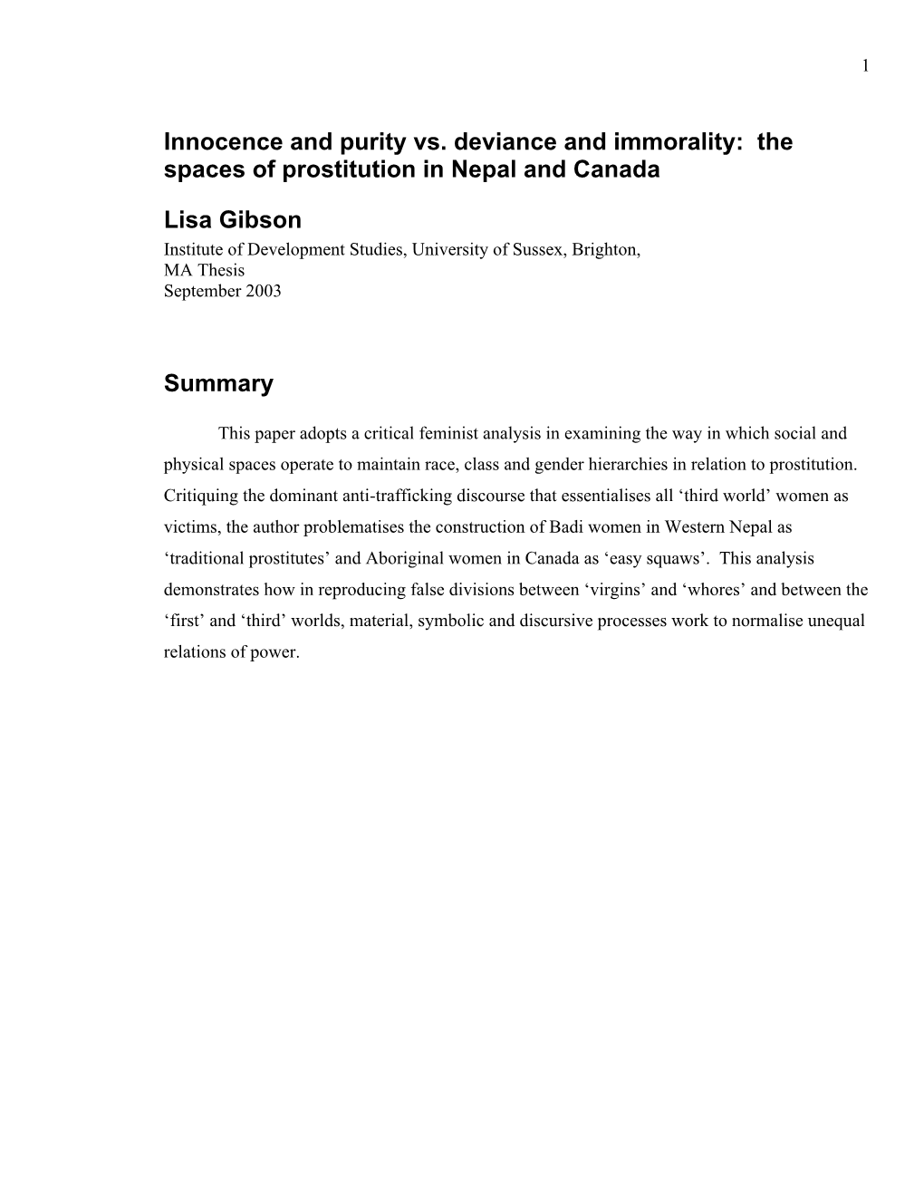 Innocence and Purity Vs. Deviance and Immorality: the Spaces of Prostitution in Nepal and Canada