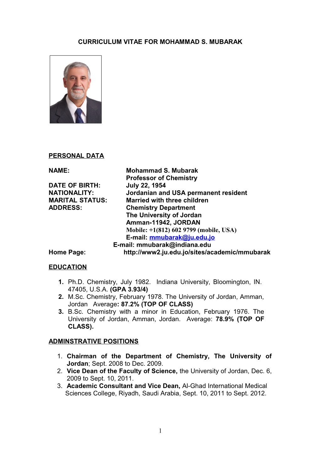 Curriculum Vitae for Mohammad S. Mubarak