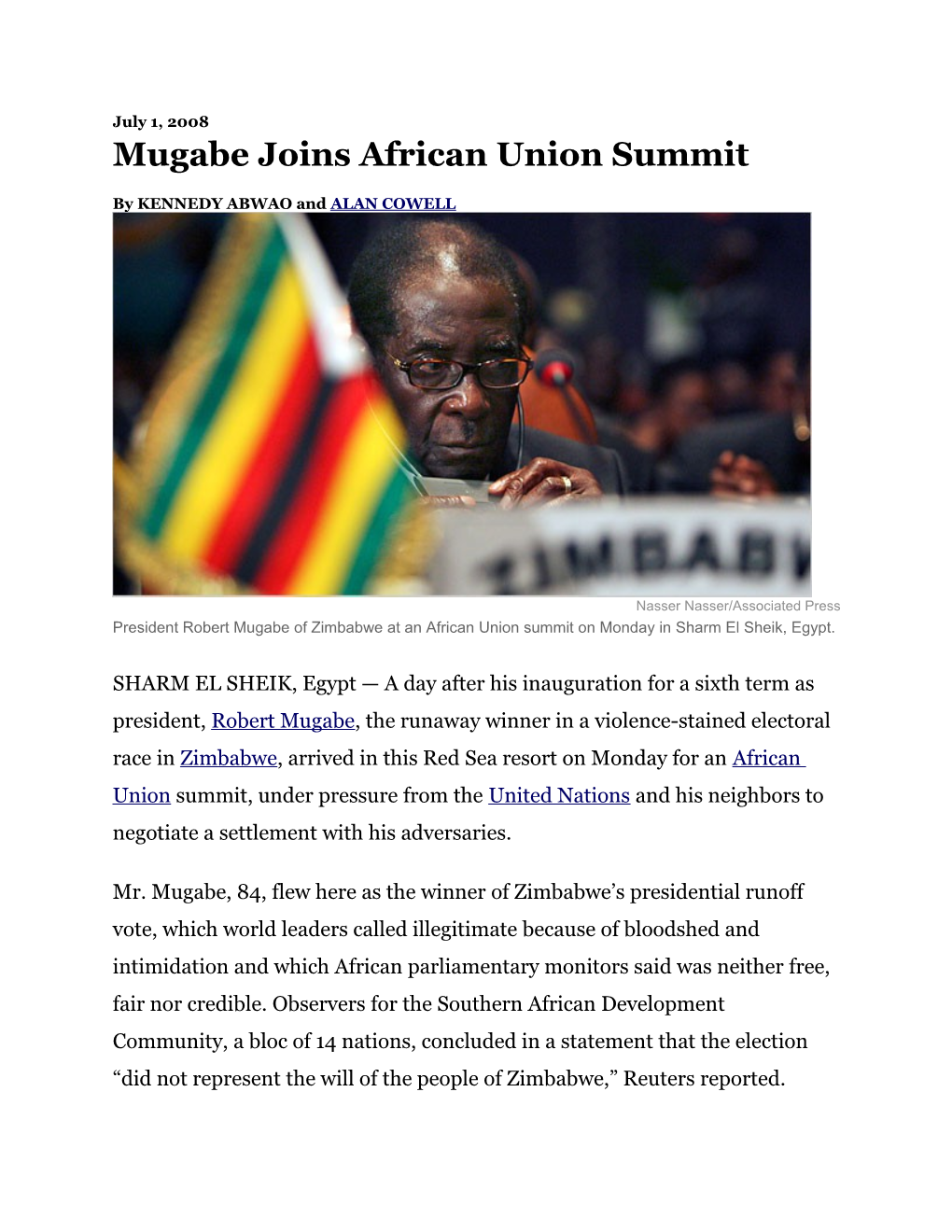 Mugabe Joins African Union Summit