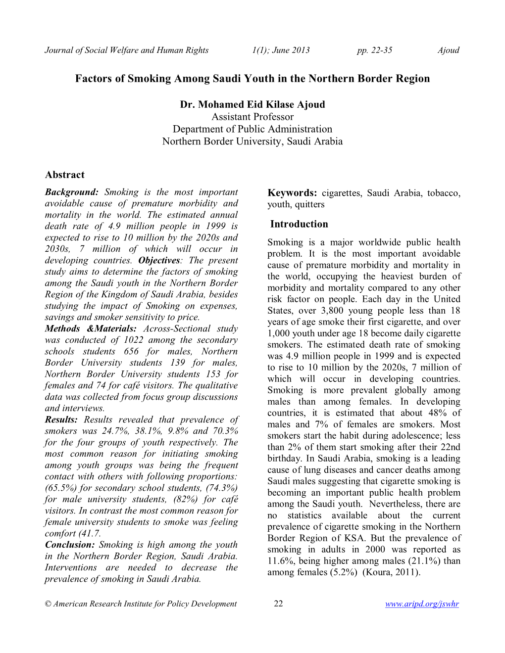 Factors of Smoking Among Saudi Youth in the Northern Border Region