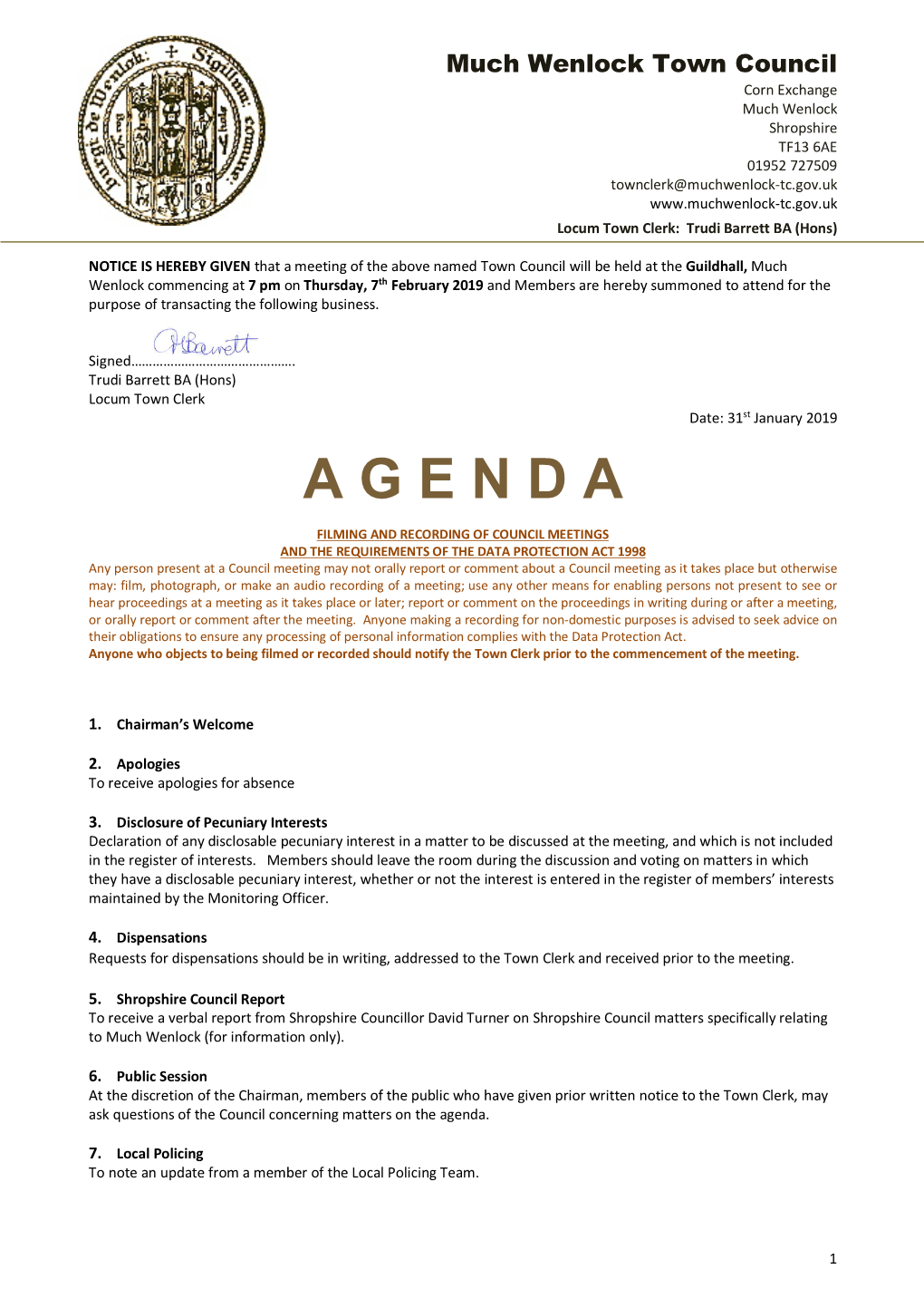 Agenda 7 February 2019