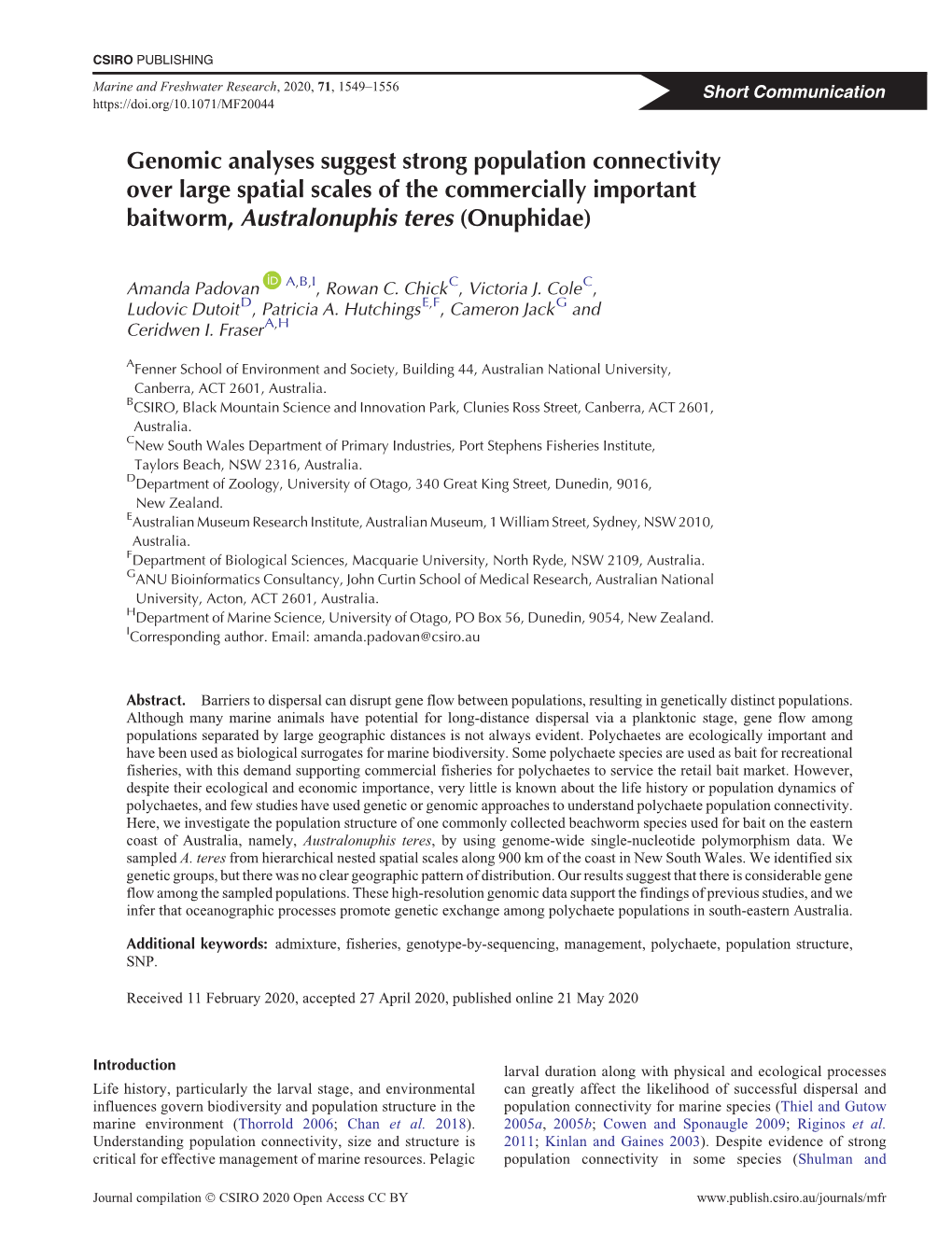 Genomic Analyses Suggest Strong Population Connectivity Over Large Spatial Scales of the Commercially Important Baitworm, Australonuphis Teres (Onuphidae)