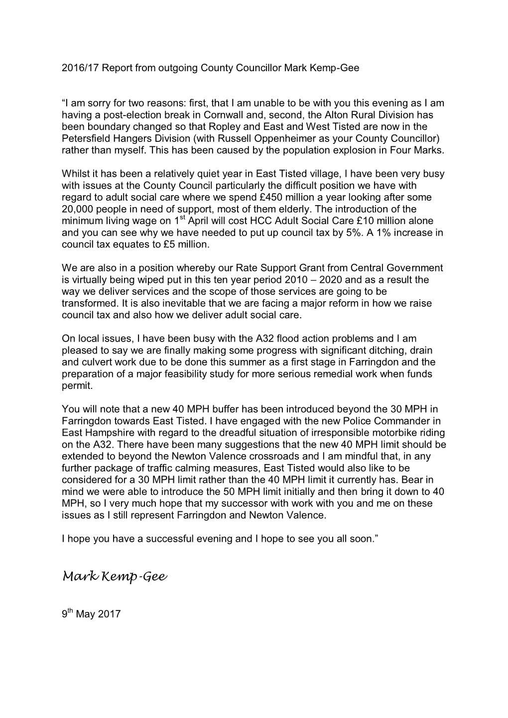 2016/17 Report from Outgoing County Councillor Mark Kemp-Gee