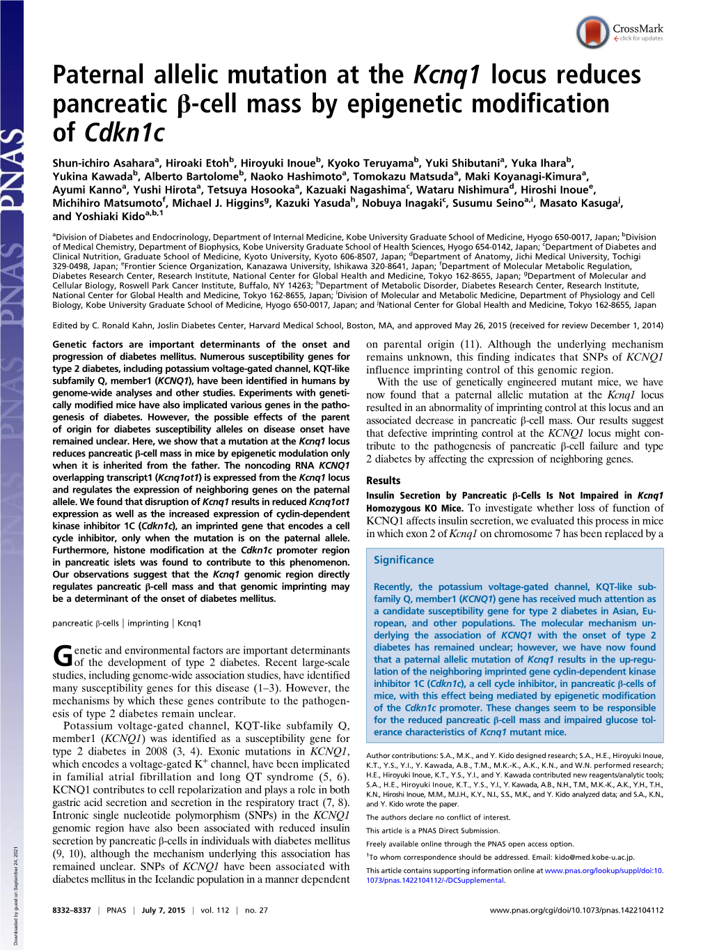 Paternal Allelic Mutation at the Kcnq1 Locus Reduces Pancreatic Β-Cell Mass by Epigenetic Modification of Cdkn1c