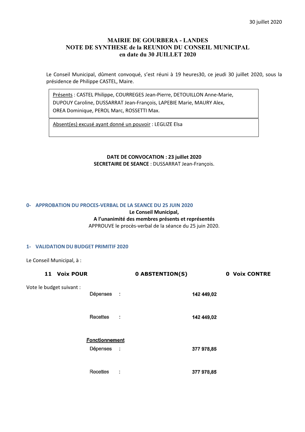 MAIRIE DE GOURBERA - LANDES NOTE DE SYNTHESE De La REUNION DU CONSEIL MUNICIPAL En Date Du 30 JUILLET 2020