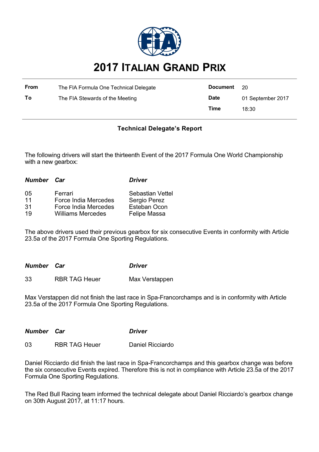 Document 20 to the FIA Stewards of the Meeting Date 01 September 2017 Time 18:30