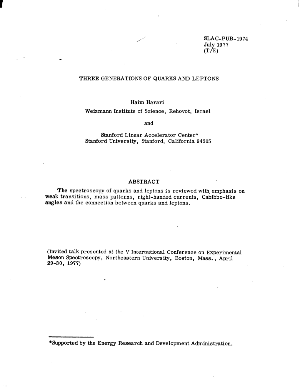 (T/E) Three Generations of Quarks and Leptons