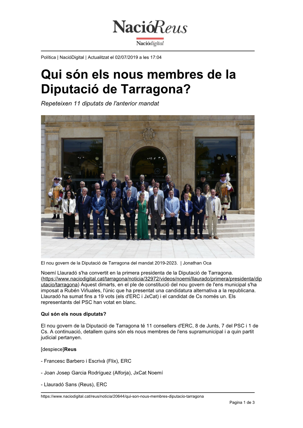 Qui Són Els Nous Membres De La Diputació De Tarragona? Repeteixen 11 Diputats De L'anterior Mandat