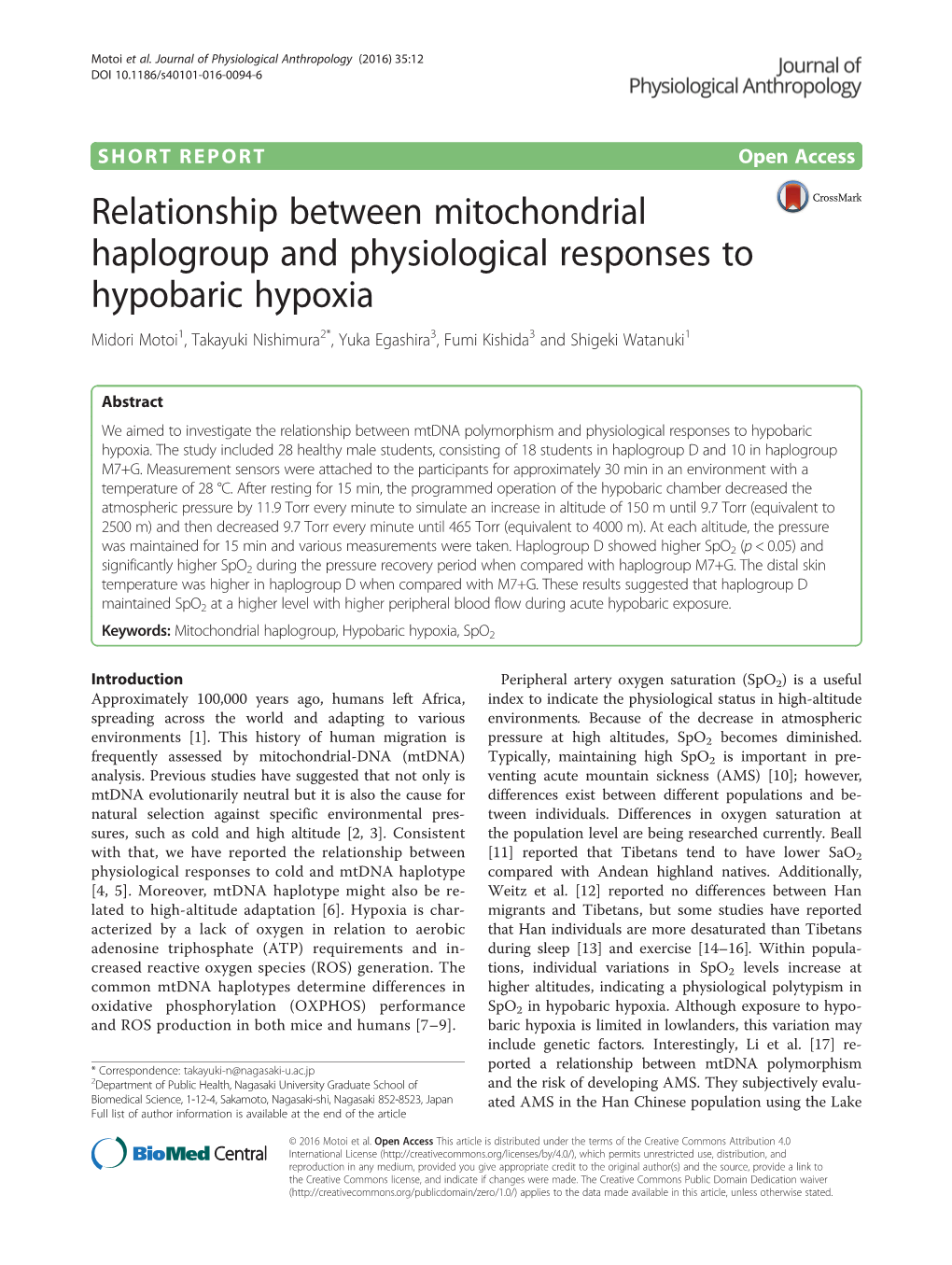 Relationship Between Mitochondrial Haplogroup and Physiological