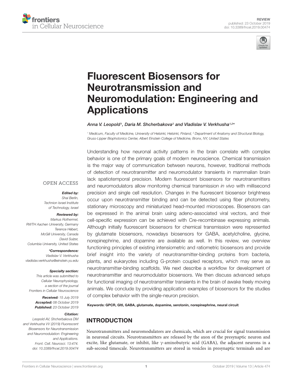 Fluorescent Biosensors for Neurotransmission and Neuromodulation: Engineering and Applications