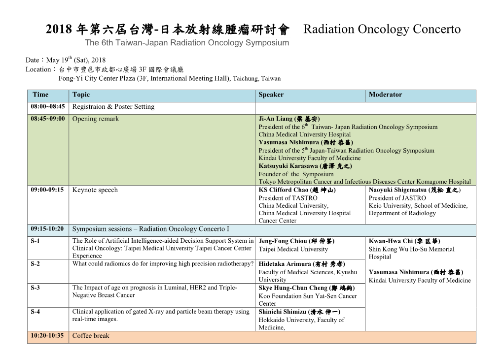 日本放射線腫瘤研討會 Radiation Oncology Concerto the 6Th Taiwan-Japan Radiation Oncology Symposium