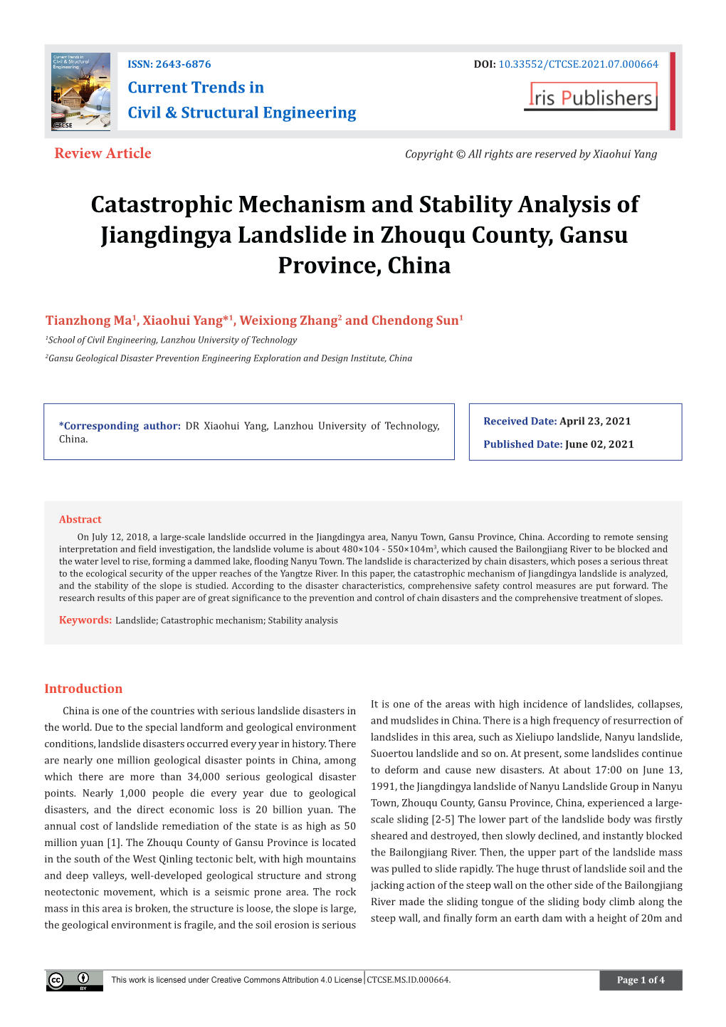 Catastrophic Mechanism and Stability Analysis of Jiangdingya Landslide in Zhouqu County, Gansu Province, China