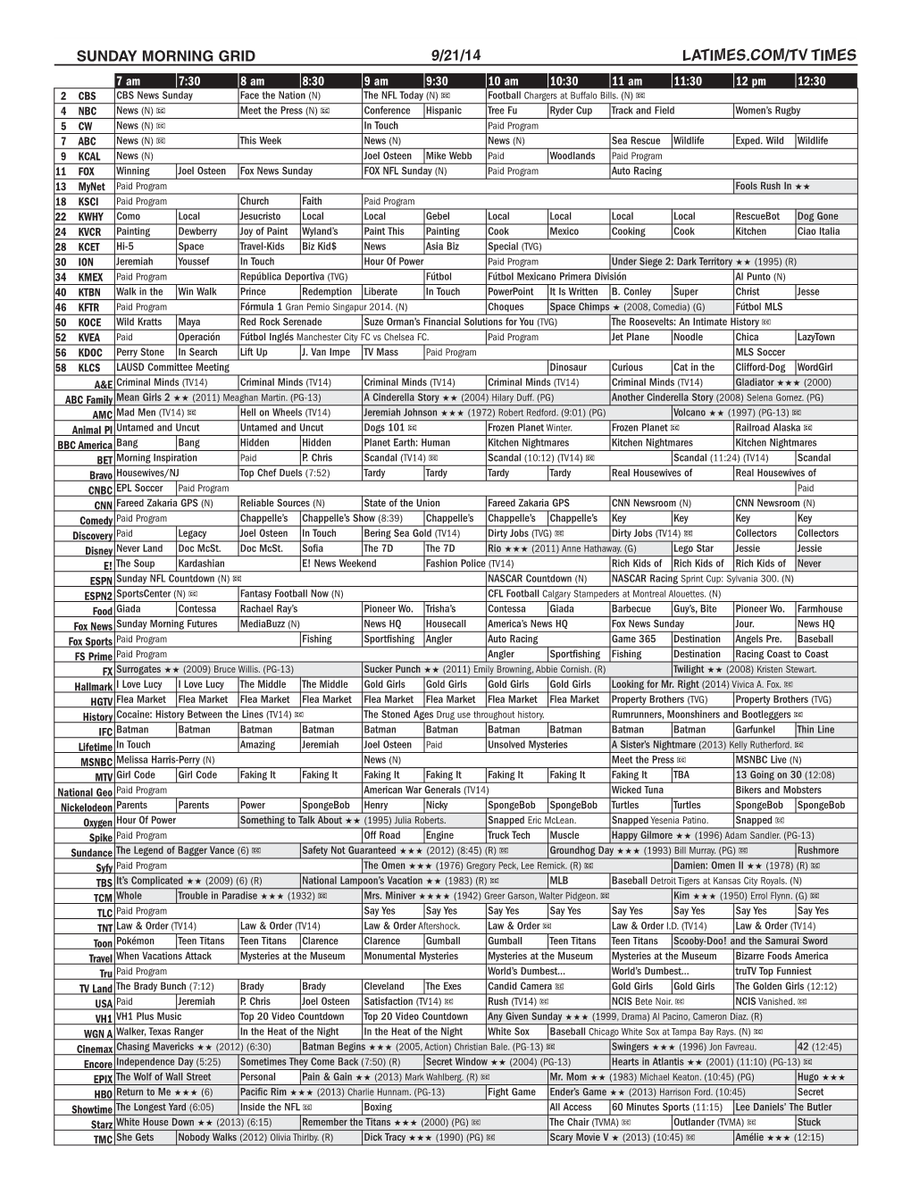 Sunday Morning Grid 9/21/14 Latimes.Com/Tv Times