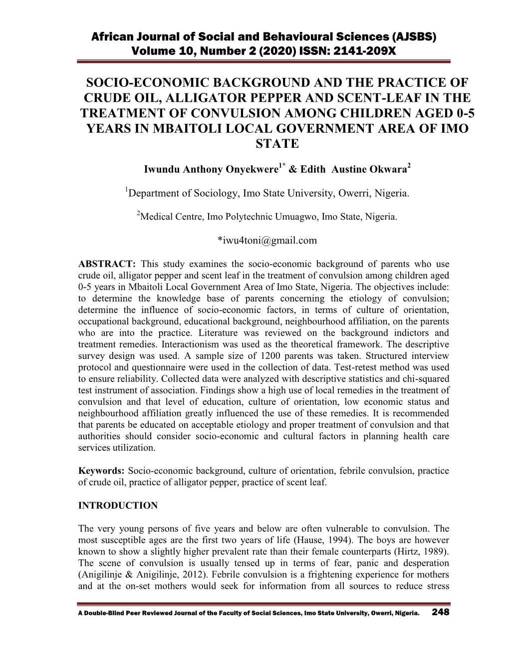 African Journal of Social and Behavioural Sciences (AJSBS) Volume 10, Number 2 (2020) ISSN: 2141-209X